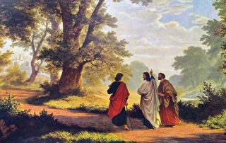 Painting of Jesus walking with the disciples on the road to Emmaus.